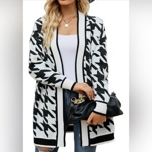 Houndstooth Beautiful Long Sleeve Loose Knit Sweater Cardigan